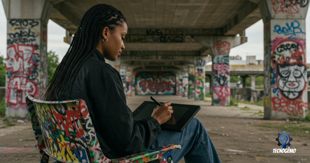 artista desenhando no tablete em uma paisagem urbana - gadgets