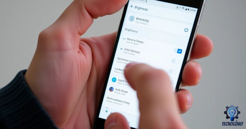 Pessoa ajustando o brilho da tela do celular, técnica recomendada para economizar bateria.