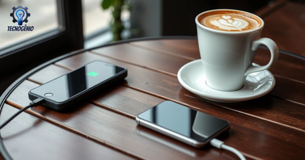 Carregador portátil sobre uma mesa de café, solução moderna para prolongar a vida útil da bateria.