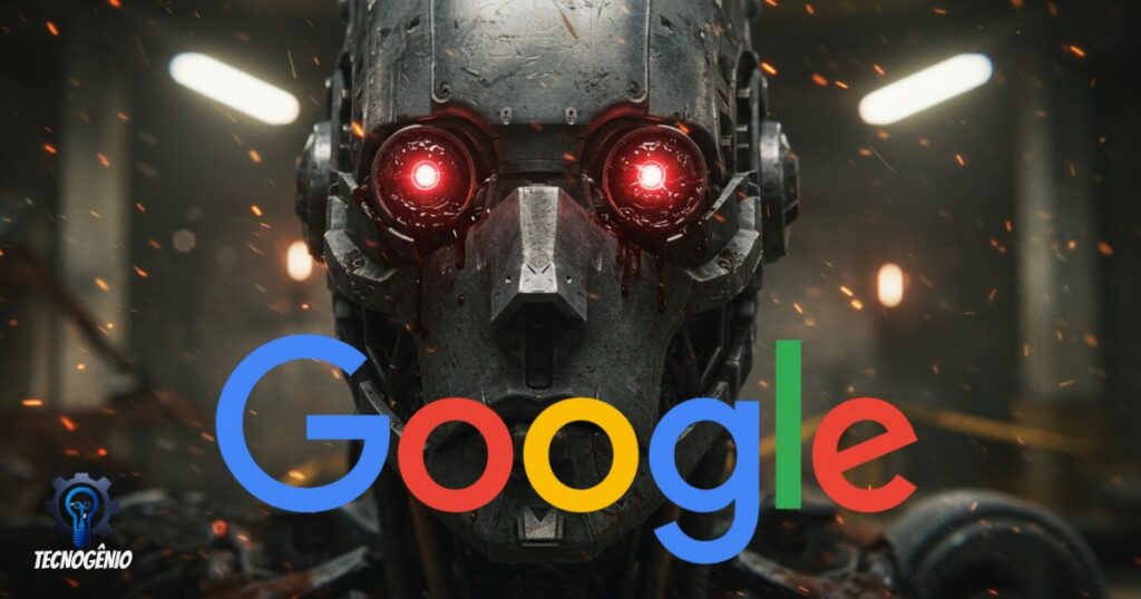imagem de um robo com sangue nos olhos e com a logo do google