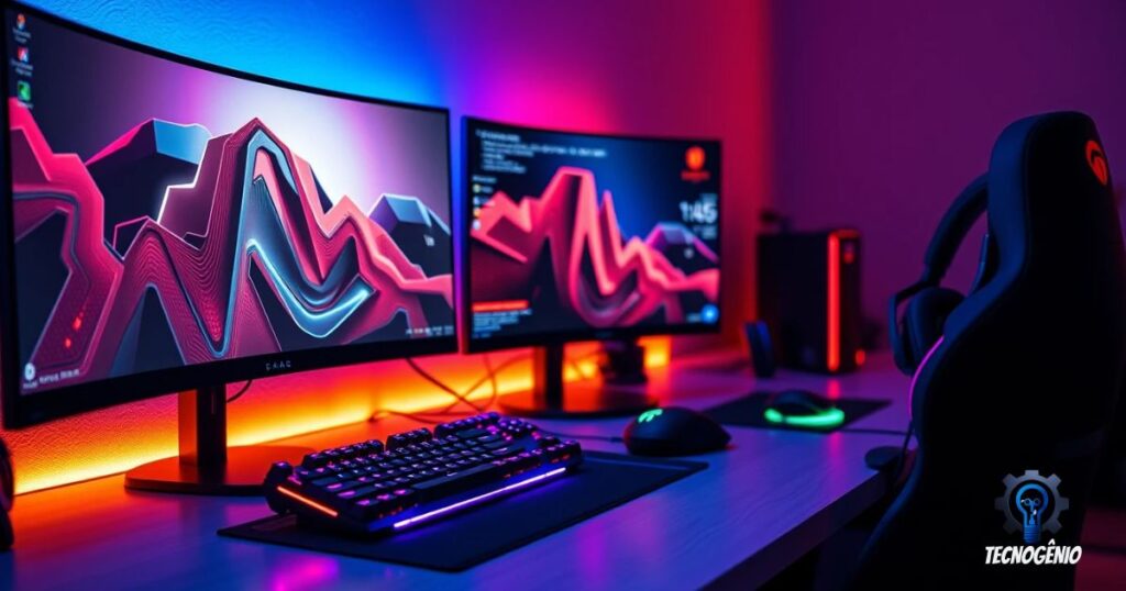 Setup gamers pro completo mostrando os quatro periféricos essenciais: mouse gamer, teclado mecânico RGB, headset gaming e monitor de alta taxa de atualização, todos organizados em uma mesa com iluminação ambiente.