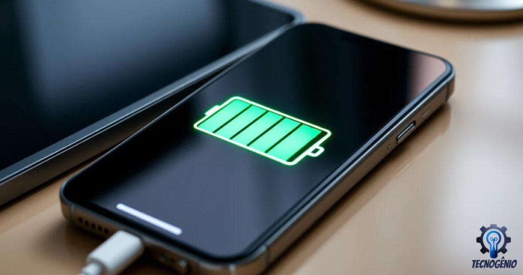 Smartphone mostrando ícone de bateria cheia, simbolizando métodos eficientes para aumentar a duração da Bateria do Celular.