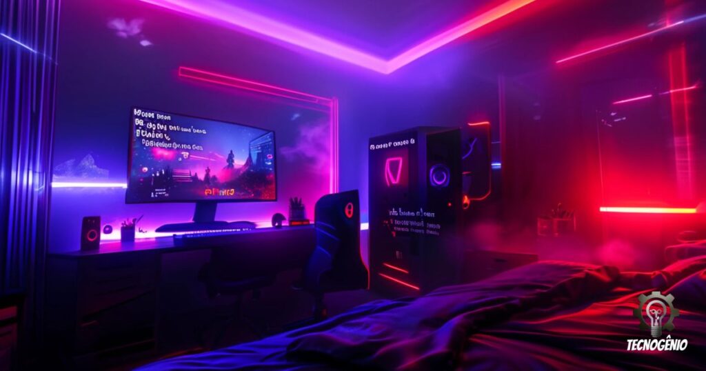 A perspective view of a bedroom transformed into a gaming environment at night, with smart LED strips in shades of red and purple