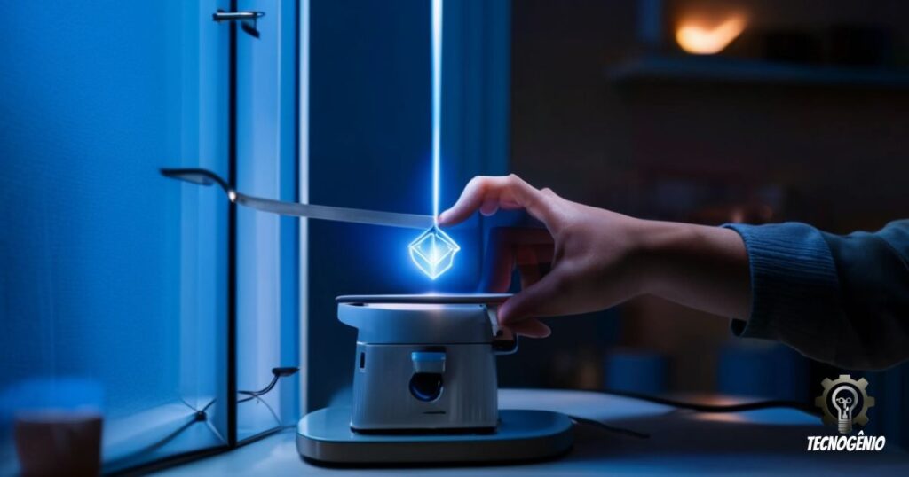"Close-up cinematográfico de uma mão masculina ou feminina ativando uma tomada inteligente conectada a uma cafeteira moderna. A luz da tomada emite um suave brilho azul indicando que está ligada. Ambiente da cozinha com iluminação matinal quente entrando pela janela. Estética visual similar a filmes de Denis Villeneuve, com contraste marcante entre sombras e luz. Composição minimalista com foco seletivo no dispositivo inteligente."