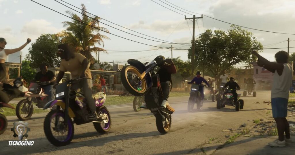 gta 6 - corrida de motociclistas empinando motos nas ruas de vice city em gameplay