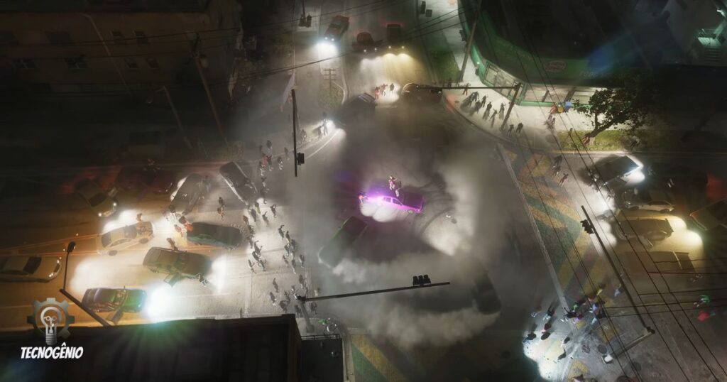 Imagem mostrando uma grande festa e corrida de rua em vice city em gameplay de gta 6