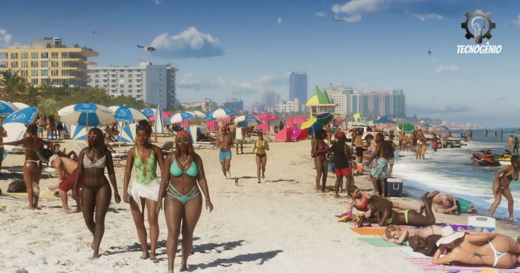gta 6 - praia com pessoas passando e andando e nadando