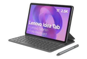 Tablet Lenovo Idea Tab 8GB 256GB com Caneta e Capa Teclado exibindo tela 2.5K de 11 polegadas e acessórios inclusos.