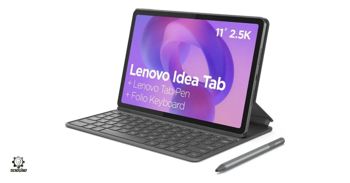 Tablet Lenovo Idea Tab 8GB 256GB com Caneta e Capa Teclado exibindo tela 2.5K de 11 polegadas e acessórios inclusos.